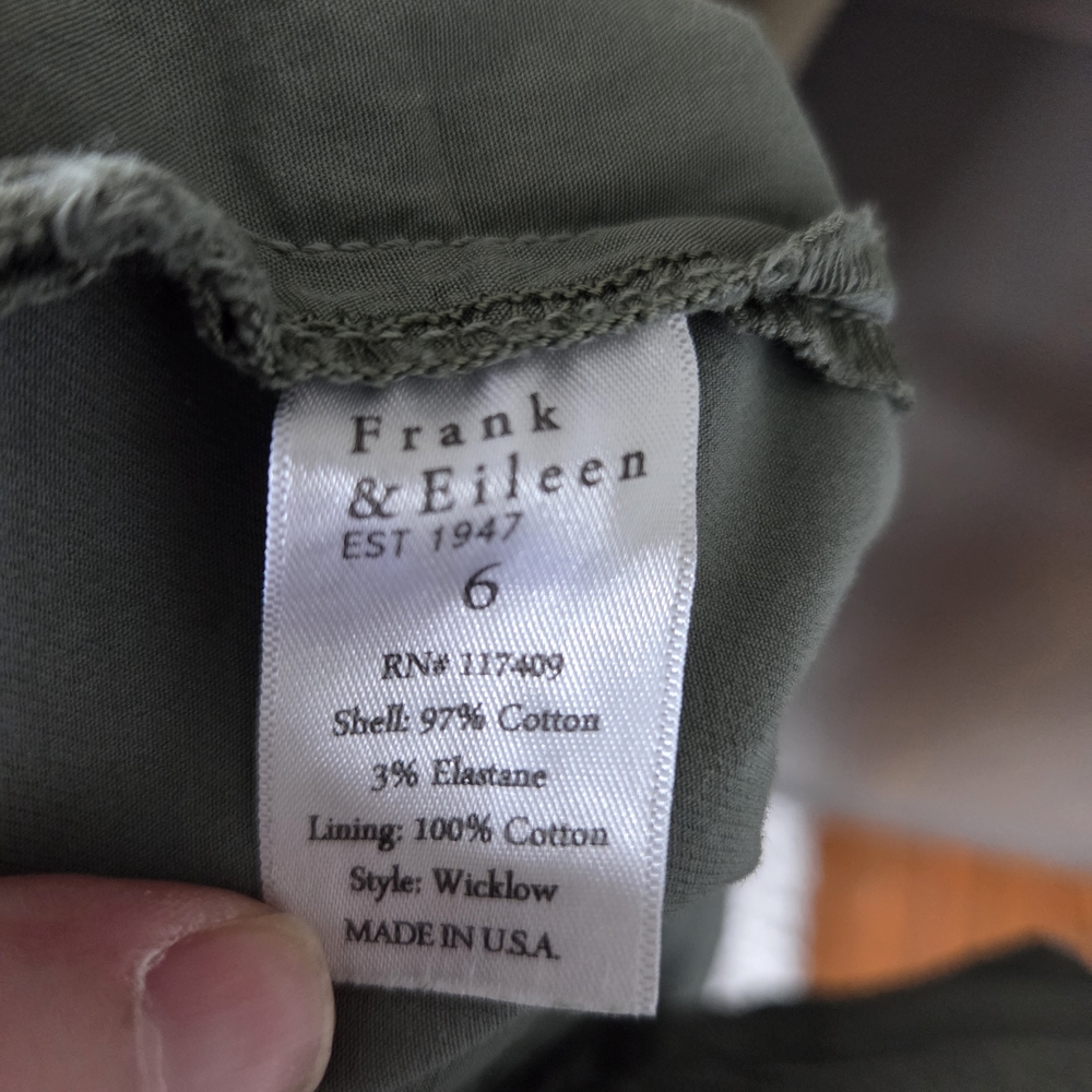 Frank & Eileen Women's Chino Pants Green Cotton Elastane Button Zipper Raw Hem - Picture 7 of 7